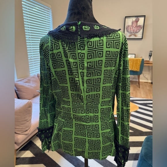 TORY BURCH Dorelia Tunic Top Green Navy Blue Crochet V Neck Size 8 VGUC - Picture 2 of 5